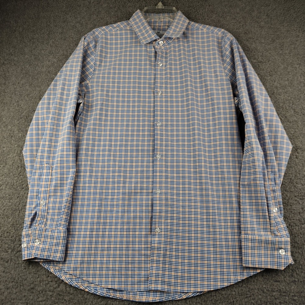Mizzen + Main Shirt Mens Large Trim Fit Blue Orange Check Button Up Stretch EUC